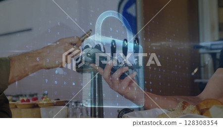Image of network security padlock over people using payment terminal Image of network security padlock over people using payment terminal 128308354