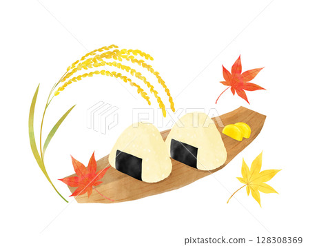 Set of rice ears, maple leaves and rice balls, watercolor 128308369
