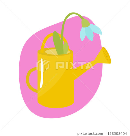 Spring flower of blue color in a vase watering can. Vector illustration for design, printing on paper or fabric. Isolated. 128308404
