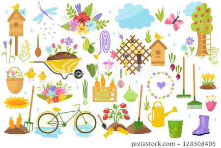 Gardening, spring set. Tools, flowers, wheelbarrow, trees, birds, birdhouse, watering can, bicycle, apple tree. For printing on fabric, paper, postcards, invitations. Vector illustration. 128308405