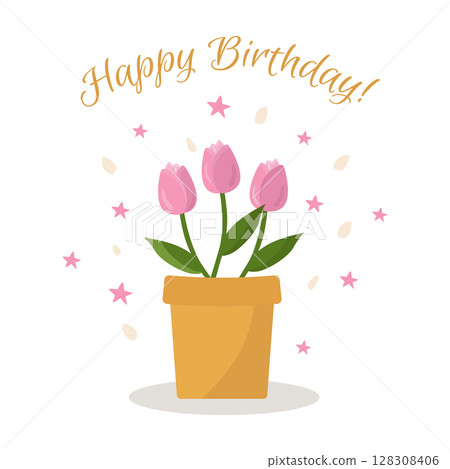 A bouquet of pink tulips in a pot. Happy birthday card. Vector illustration. 128308406