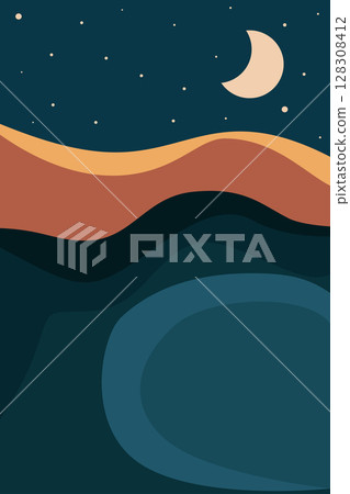 Abstract minimalistic poster. Night, moon, crescent, stars, mountains, river. Vector illustration for printing on paper, fabric. 128308412