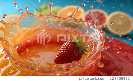 Splash of fresh fruit juice with strawberry on a colorful table background 128308422