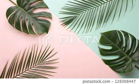 Green tropical leaves arranged on pastel backgrounds in a creative layout Green tropical leaves arranged on pastel backgrounds in a creative layout 128308447