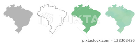 巴西地圖輪廓集（灰色、線條、綠色、水彩風格） 128308456
