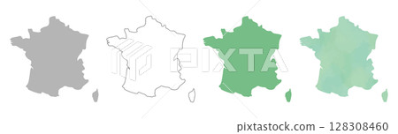 France map silhouette set (gray, line drawing, green, watercolor style) 128308460