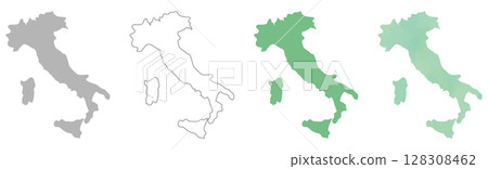 Italy map silhouette set (gray, line drawing, green, watercolor style) 128308462