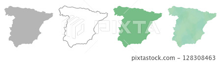 Spain map silhouette set (gray, line, green, watercolor style) 128308463