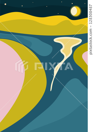 Abstract minimalistic poster. Night, moon, stars, mountains, forest, river, reflection in the water. Vector illustration for printing on paper, fabric. 128308487