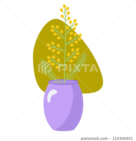 Spring yellow mimosa in a vase. Vector illustration for design, printing on paper or fabric. Isolated. Spring yellow mimosa in a vase. Vector illustration for design, printing on paper or fabric. Isolated. 128308491