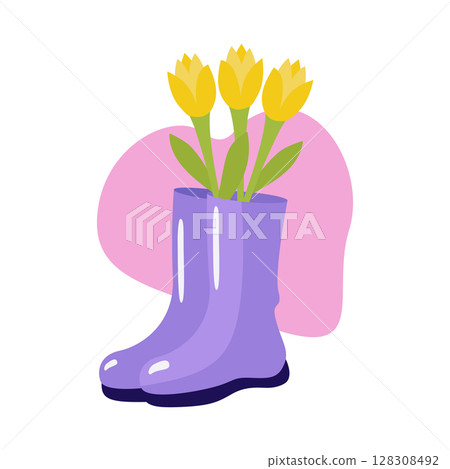 Yellow tulips in a vase of boots. Vector illustration for design, printing on paper or fabric. Isolated. 128308492