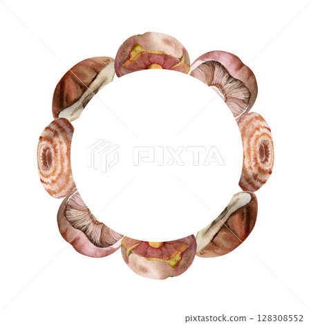 Bolete cep russula suillus mushroom fungi, autumn forest harvest, edible ingredient for vegan cooking. Copy space wreath frame hand drawn in watercolor. Menu list accents, home preserves labels tags 128308552
