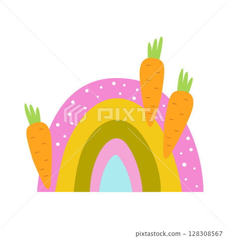 Spring rainbow, vector illustration. Decorated with carrots and dots. For design, printing on paper or fabric. Isolated. Spring rainbow, vector illustration. Decorated with carrots and dots. For design, printing on paper or fabric. Isolated. 128308567