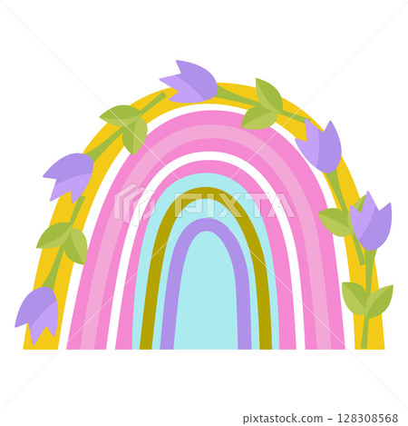 Spring rainbow, decorated with flowers, lilac color.. Design for children, postcards, printing on paper or fabric. Vector illustration isolated. Spring rainbow, decorated with flowers, lilac color.. Design for children, postcards, printing on paper or fabric. Vector illustration isolated. 128308568