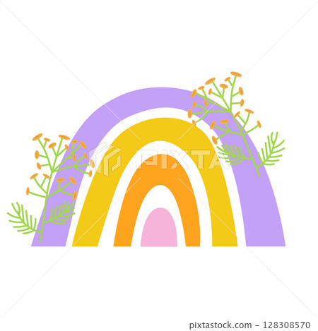 Spring rainbow, decorated with tansy flowers. Design for children, postcards, printing on paper or fabric. Vector illustration isolated. 128308570