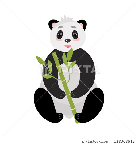 Panda, bamboo bear sitting, cute picture. Vector illustration. For decoration, scrapbooking, printing on fabric or paper. Panda, bamboo bear sitting, cute picture. Vector illustration. For decoration, scrapbooking, printing on fabric or paper. 128308612