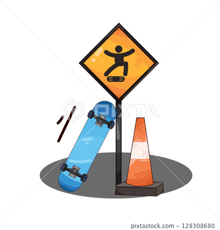 illustration of skateboard with traffic cone and skateboard area sign illustration of skateboard with traffic cone and skateboard area sign 128308680