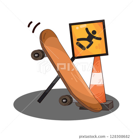 illustration of skateboard with traffic cone and skateboard area sign illustration of skateboard with traffic cone and skateboard area sign 128308682