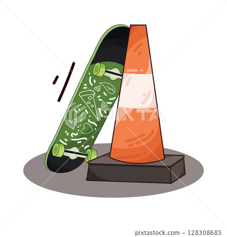illustration of skateboard with traffic cone illustration of skateboard with traffic cone 128308685