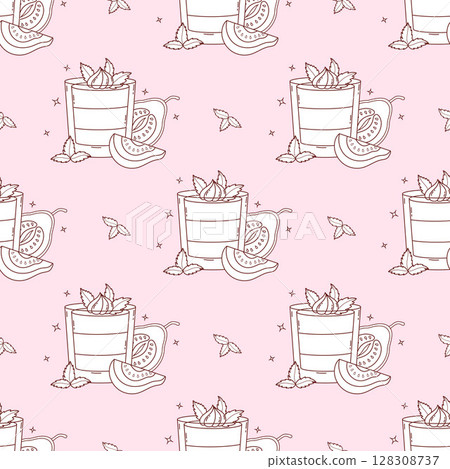 Outline Seamless Pattern with Guava Creamy sweet dessert with tropical Fruit slices and Mint leaves on light Pink Background. Summer Exotic food. Line hand drawing. Vector illustration Outline Seamless Pattern with Guava Creamy sweet dessert with tropical Fruit slices and Mint leaves on light Pink Background. Summer Exotic food. Line hand drawing. Vector illustration 128308737