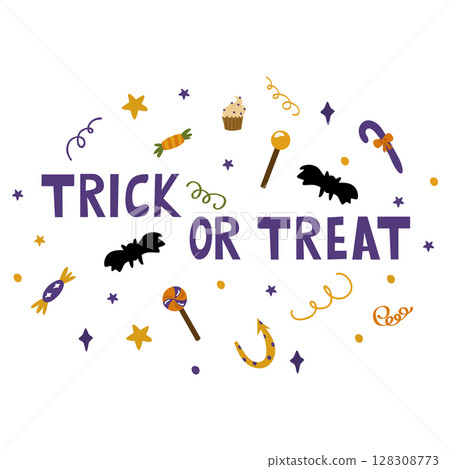 Trick or treat inscription for Halloween. Vector illustration isolated on a white background. For design, decor, postcards 128308773