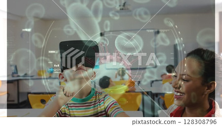 Virtual reality headset and virus cells over children and teacher in classroom Virtual reality headset and virus cells over children and teacher in classroom 128308796