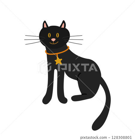 A black cat with yellow eyes and a collar. Vector illustration isolated on a white background. For design, decor, postcards A black cat with yellow eyes and a collar. Vector illustration isolated on a white background. For design, decor, postcards 128308801