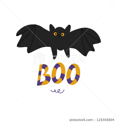 The inscription "Boo" for Halloween with a bat. Vector illustration isolated on a white background. For design, decoration, postcards 128308804