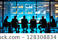 A group of business professionals in a meeting, analyzing data displayed on large screens with various charts and graphs. - Generic AI Image 128308834