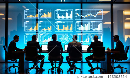 A group of business professionals in a meeting, analyzing data displayed on large screens with various charts and graphs. - Generic AI Image 128308834