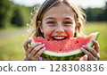 A joyful young girl with freckles smiles widely while eating a large slice of watermelon outdoors on a sunny day. - Generic AI Image 128308836