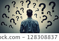 A man stands with his back to the viewer, facing a wall covered in various-sized question marks, symbolizing uncertainty and confusion. - Generic AI Image 128308837
