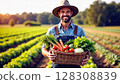A smiling farmer stands in a field, proudly holding a basket brimming with freshly harvested organic vegetables. - Generic AI Image 128308839