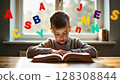 A young boy is engrossed in reading a book at a table, with colorful alphabet letters floating around him, symbolizing learning. - Generic AI Image 128308844