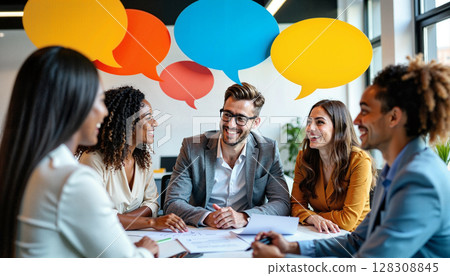 A diverse group of smiling business professionals sit around a table with colorful speech bubbles floating above, representing active communication and collaboration. - Generic AI Image 128308845