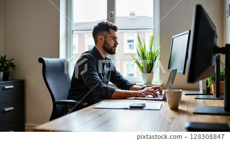 A focused man with a beard works diligently on his laptop at a wooden desk in a bright home office setup. - Generic AI Image 128308847