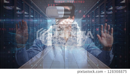 Digital composite of businessman using VR in Server Room against animated background Digital composite of businessman using VR in Server Room against animated background 128308875