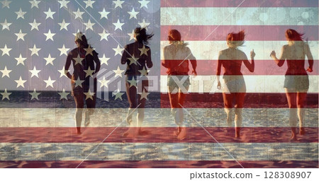 Digital composite of girls running into the ocean at beach against american flag background 128308907