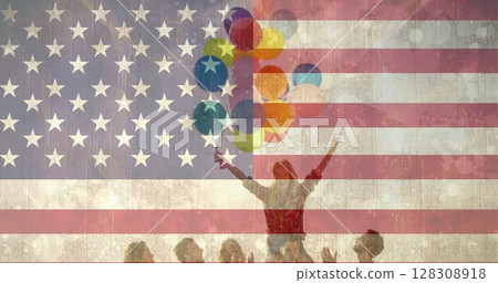 Digital composite of girl with balloons and friends outdoor against american flag background 128308918