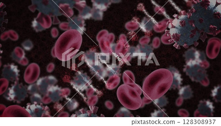 Red blood cells and virus particles interacting in microscopic view of bloodstream Red blood cells and virus particles interacting in microscopic view of bloodstream 128308937