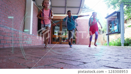 Image of Covid 19 coronavirus cell spinning, scope scanning over school children running in school Image of Covid 19 coronavirus cell spinning, scope scanning over school children running in school 128308953