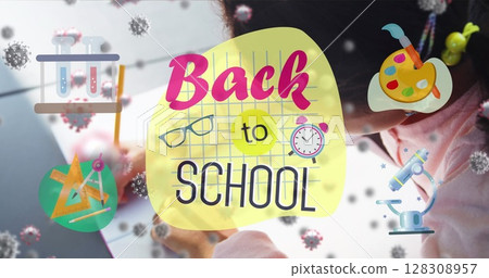 Image of Back to School text, Covid 19 coronavirus cells spreading over schoolgirl writing in school 128308957