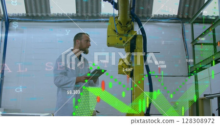 Image of digital interface with graphs, and data processing over man using digital tablet and adjust 128308972
