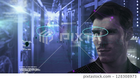 Image of processing data and digital interface moving over portrait of Caucasian man in computer ser 128308973