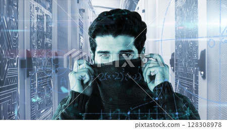 Image of handwritten mathematical equations moving over portrait of man covering face with jumper an 128308978