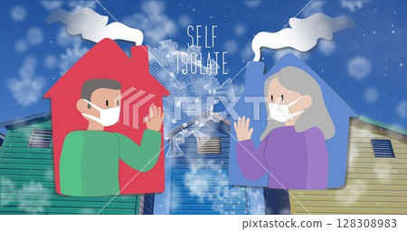 Illustration of two people wearing masks, self-isolating in separate houses Illustration of two people wearing masks, self-isolating in separate houses 128308983