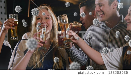 Friends toasting with drinks at bar, surrounded by digital virus illustrations Friends toasting with drinks at bar, surrounded by digital virus illustrations 128308986