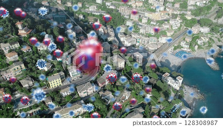 Aerial view of coastal town with digital virus graphics overlaying landscape Aerial view of coastal town with digital virus graphics overlaying landscape 128308987