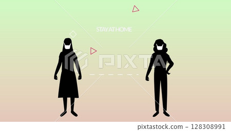 Silhouettes of two people maintaining social distance with Stay at Home message 128308991