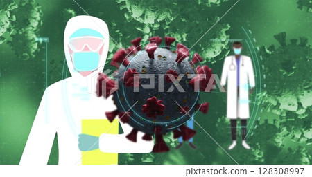 Analyzing coronavirus structure, medical professionals in protective gear focusing on details Analyzing coronavirus structure, medical professionals in protective gear focusing on details 128308997
